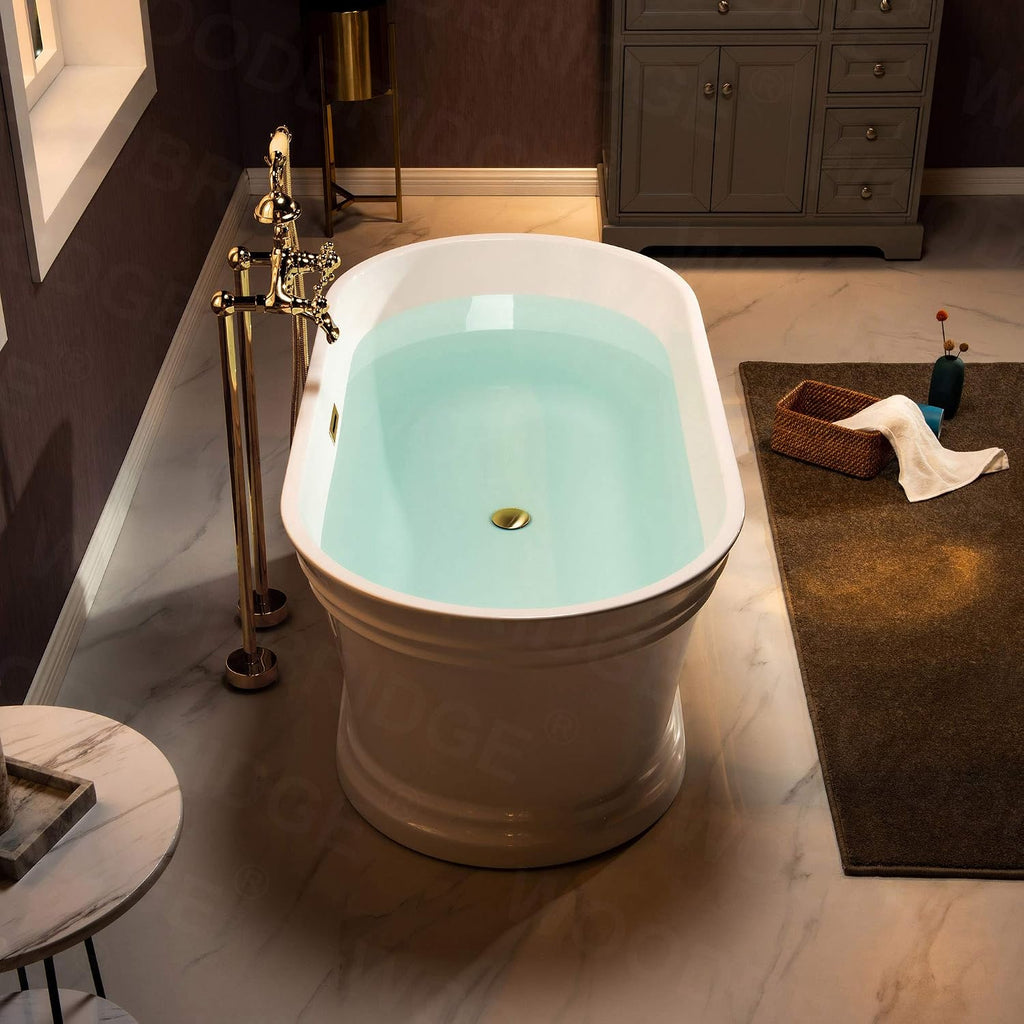 WOODBRIDGE 59'Freestanding White Acylic Soaking Bathtub with White Pillow,Drain and Overflow inBrushed Gold,BTA1536 -BG-Drain &O+ Pillow