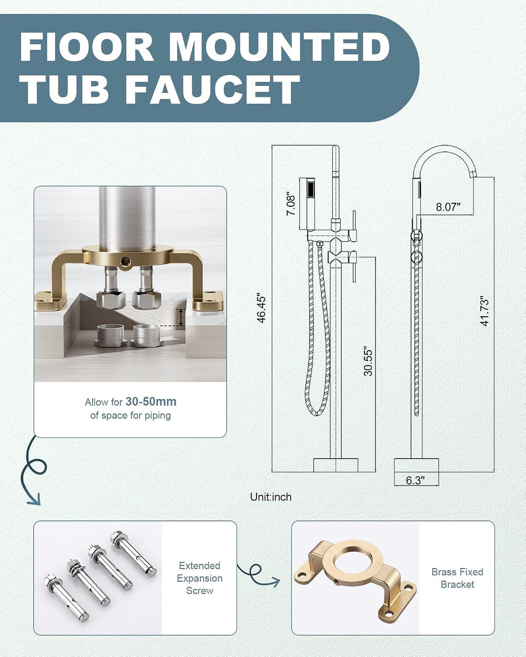Freestanding Bathtub Faucet Brushed Nickel, Floor Mount Tub Filler, High Flow Brass Shower Faucets with Handheld Sprayer for Bath