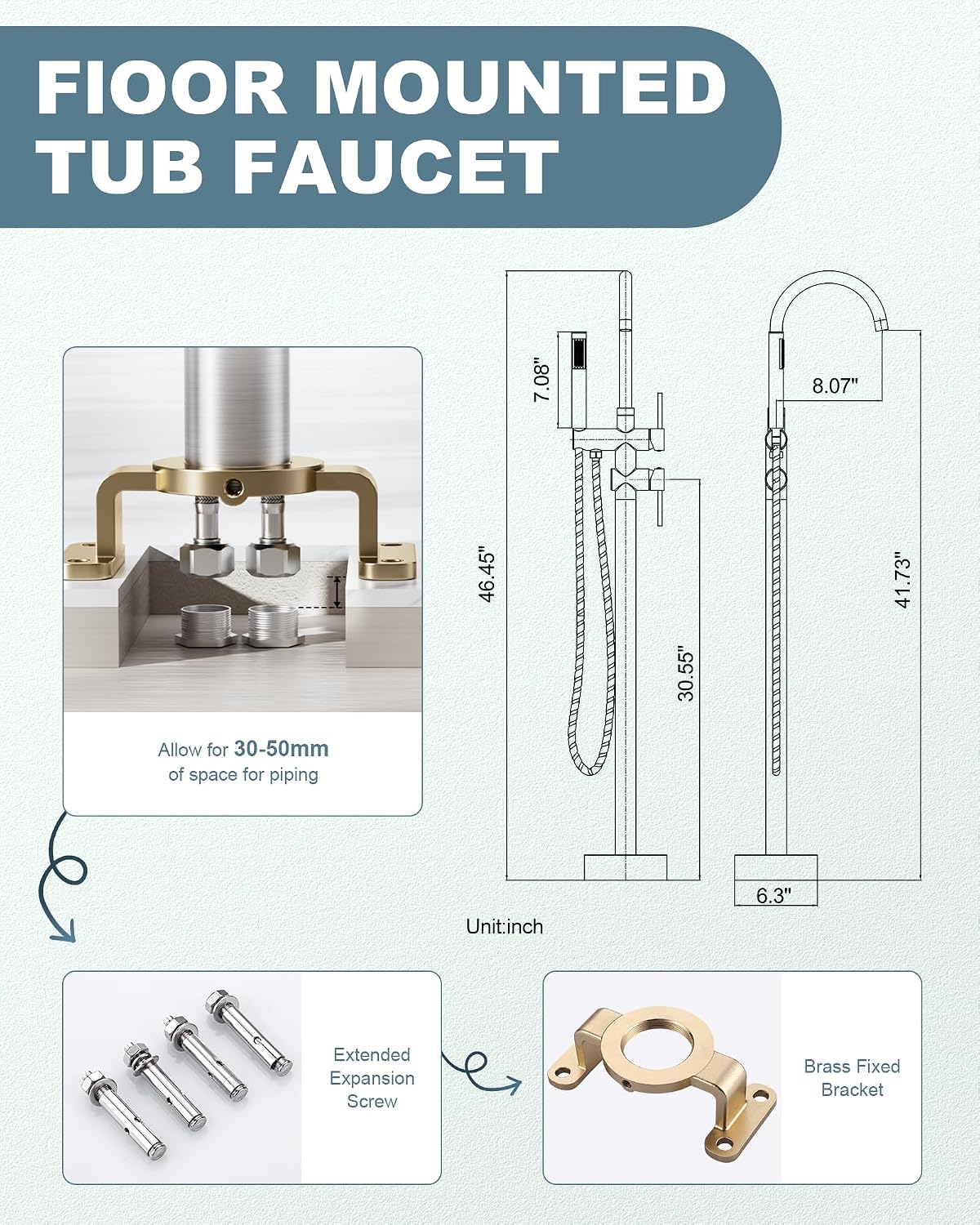 Freestanding Bathtub Faucet Brushed Nickel, Floor Mount Tub Filler, High Flow Brass Shower Faucets with Handheld Sprayer for Bath