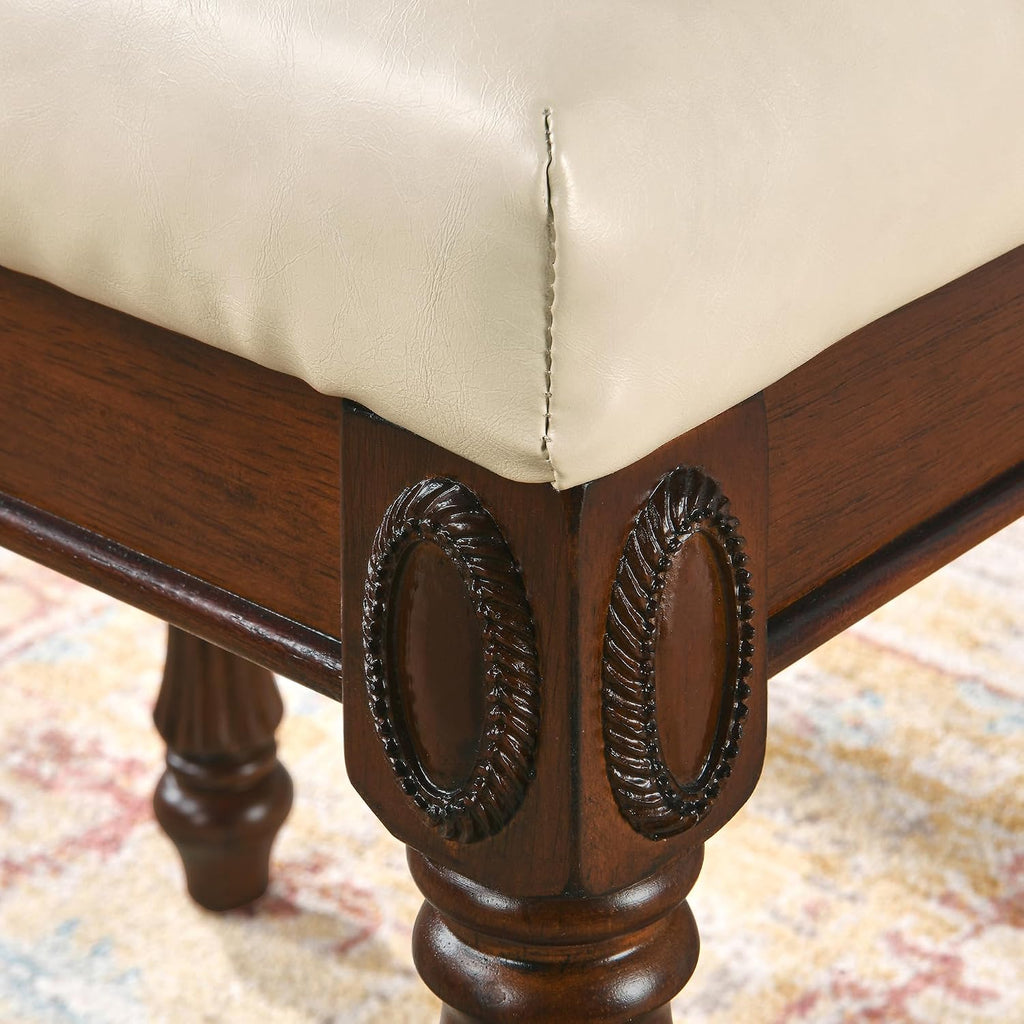 Vanity Bench Stool with Upholstered Seat, Piano Bench with Solid Wood Carving Legs, Home Chairs Button Padded Cushion, Makeup Dressing Bench, No-Tools Assembly, Cherry Walnut Leg & Beige FD1533BG