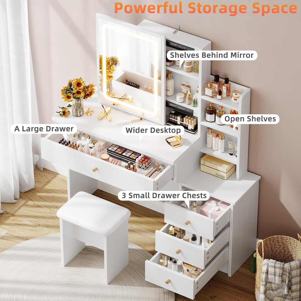 Memobarco Vanity Desk with Mirror and Lights, Makeup Vanity with 3 Adjustable Lighting Modes, Small Vanity Desk with Sliding Mirror, 4 Drawers, 7 Shelves, Vanity Chair for Bedroom White