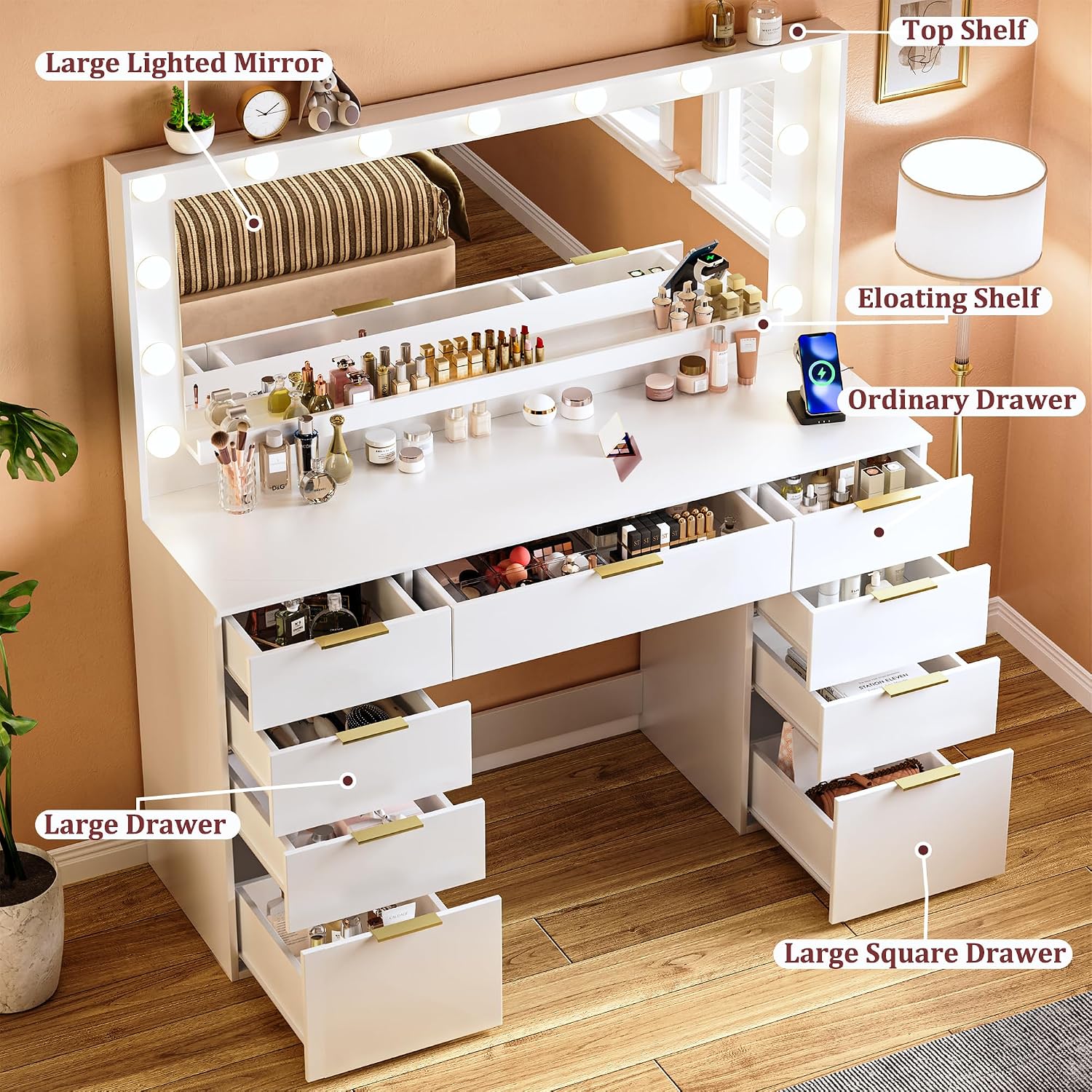 ALEXNUTRE Vanity Desk with Large Mirror and Lights, 45.3in Makeup Vanity with Power Outlet 9 Drawers & Storage, 3 Lighting Color Adjustable, White Vanity Desk for Bedroom