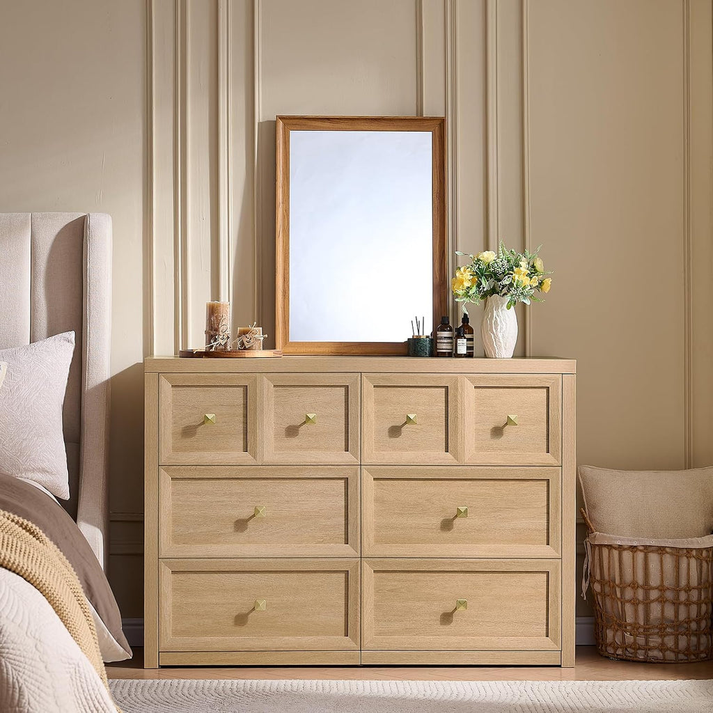 3-Piece Bedroom Set, 6 Drawer Dresser and 3 Drawer King Size Nightstands Set of 2 with Charging Station, 3 Piece Farmhouse Wood Bedroom Dresser and Nightstand Sets,Natural