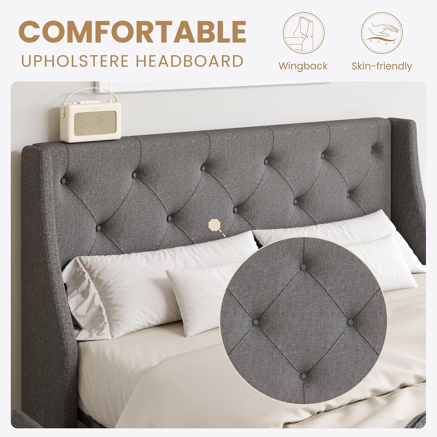 SHA CERLIN Upholstered Queen Size Platform Bed Frame with 4 Storage Drawers and Wingback Headboard, Diamond Stitched Button Tufted Design, No Box Spring Needed, Light Grey