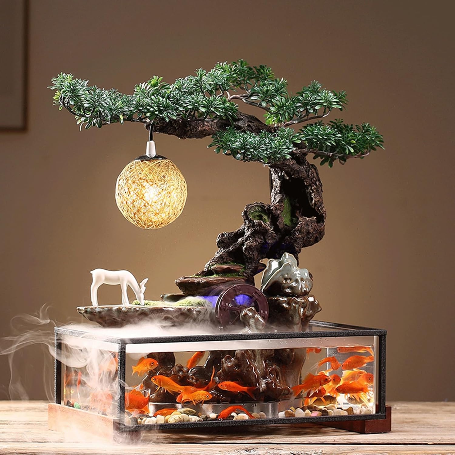 Artificial Landscape Tabletop Fountain w/LED Light, Atomizer & Fish Tank Indoor Zen Relaxation Creative Waterfall Fountain Aquarium for Home