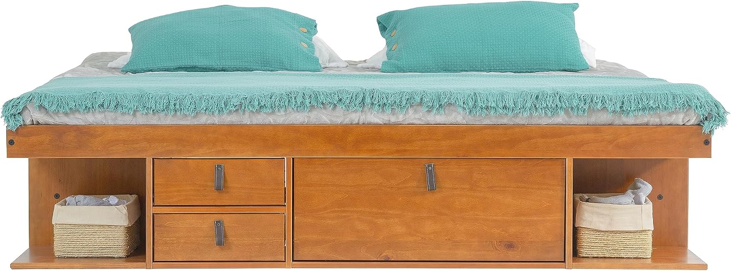 memomad Bali Bed - King Storage Platform Sturdy Wooden Frame with Drawers & More - Solid Pine - Noise Free - No Box Spring Needed - Slats Included (King Size, Oak Brown Wood)