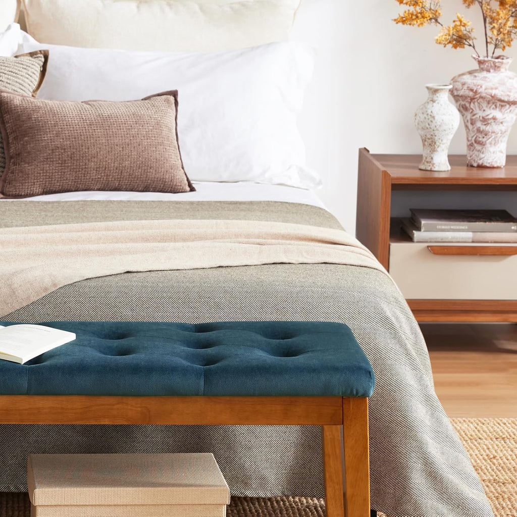 Ottoman Bench Upholstered Padded Seat with Solid Wood Legs and Button-Tufted, Big Oversized Ottoman, Velvet Navy
