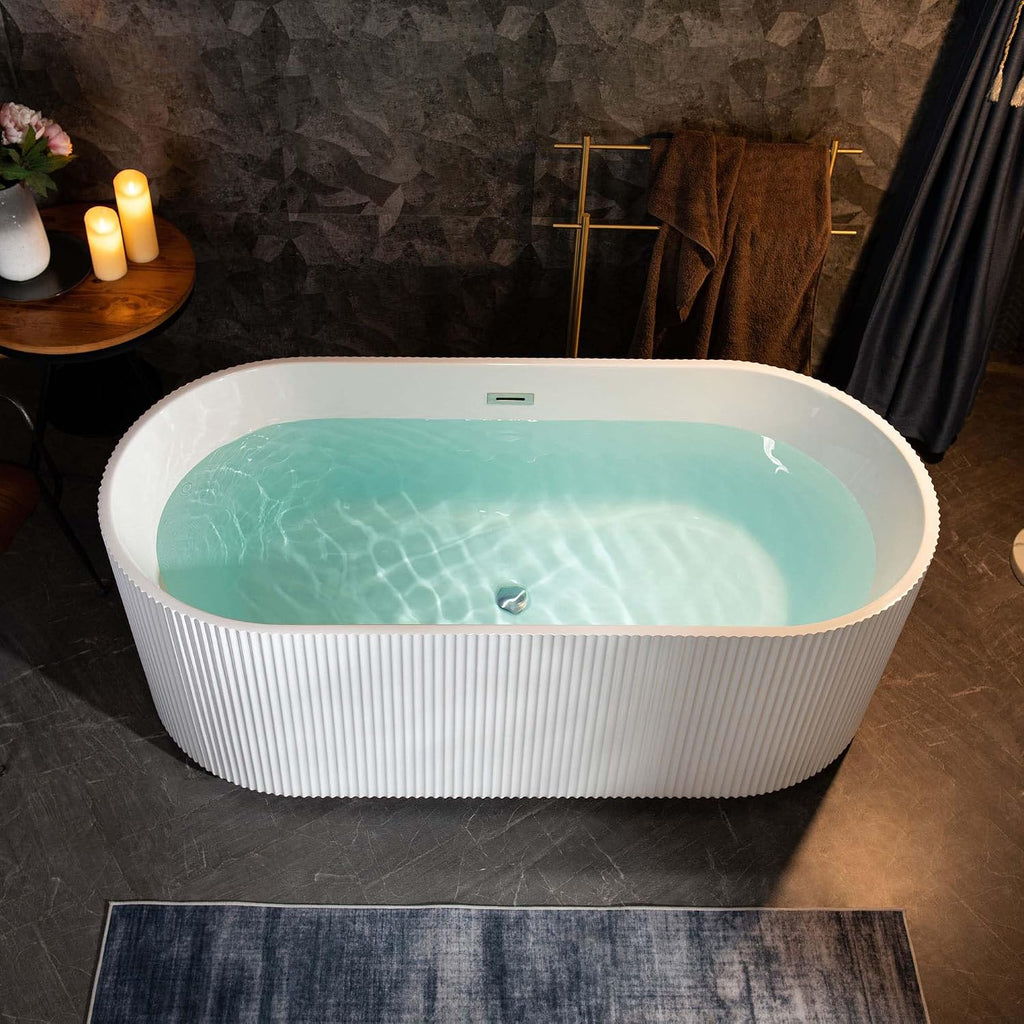 WOODBRIDGE 67' L x 31-1/2' W Freestanding Contemporary Soaking Bathtub,Unique Pleated Design,with Chrome Pop-Up Drain Drain and Overflow Option, White,B1526-C