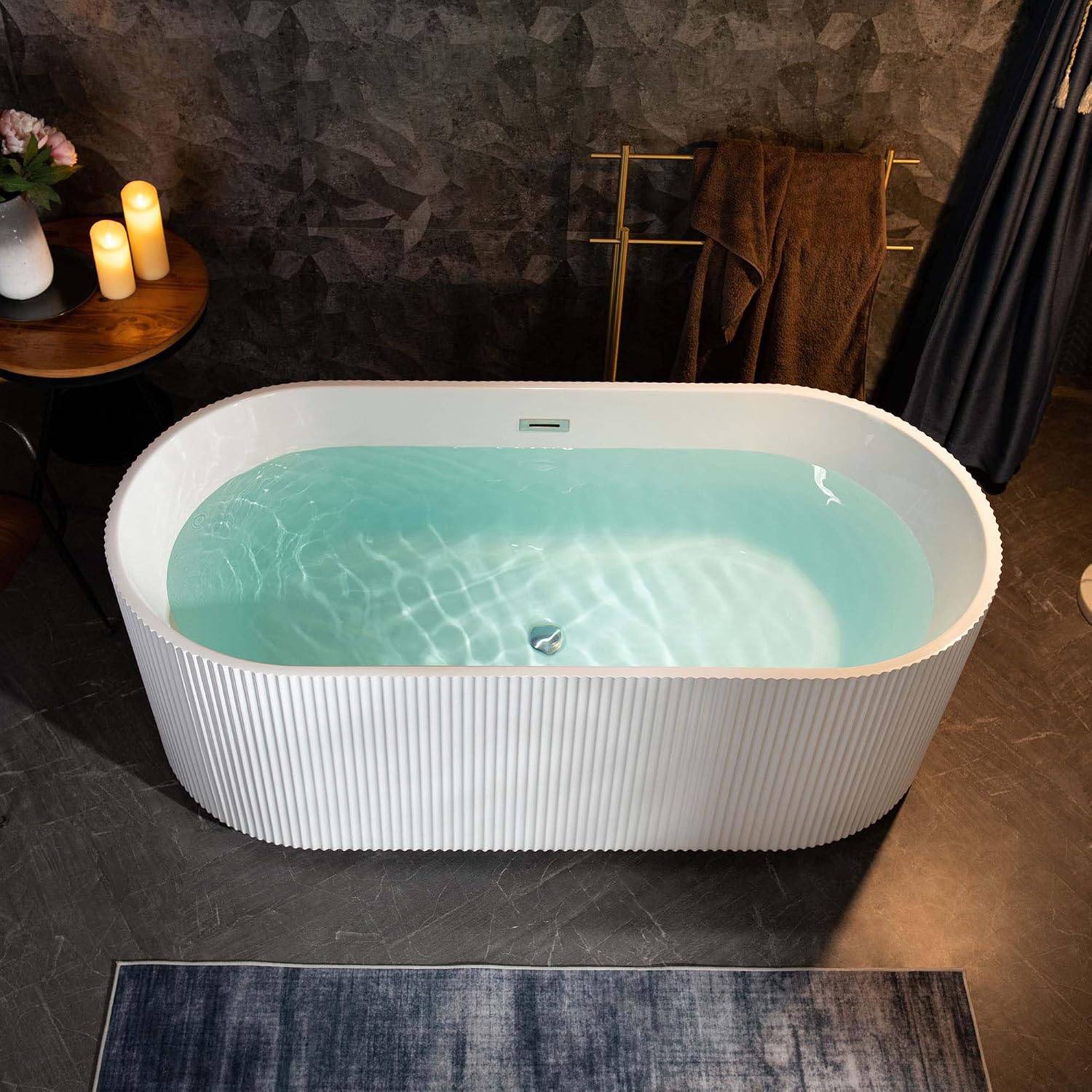 WOODBRIDGE 67' L x 31-1/2' W Freestanding Contemporary Soaking Bathtub,Unique Pleated Design,with Chrome Pop-Up Drain Drain and Overflow Option, White,B1526-C