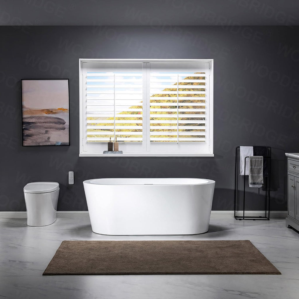 WOODBRIDGE 59' Acrylic Freestanding Bathtub Contemporary Soaking Tub, White Acrylic (Chrome Drain/Overflow),B0012 C-Drain &O