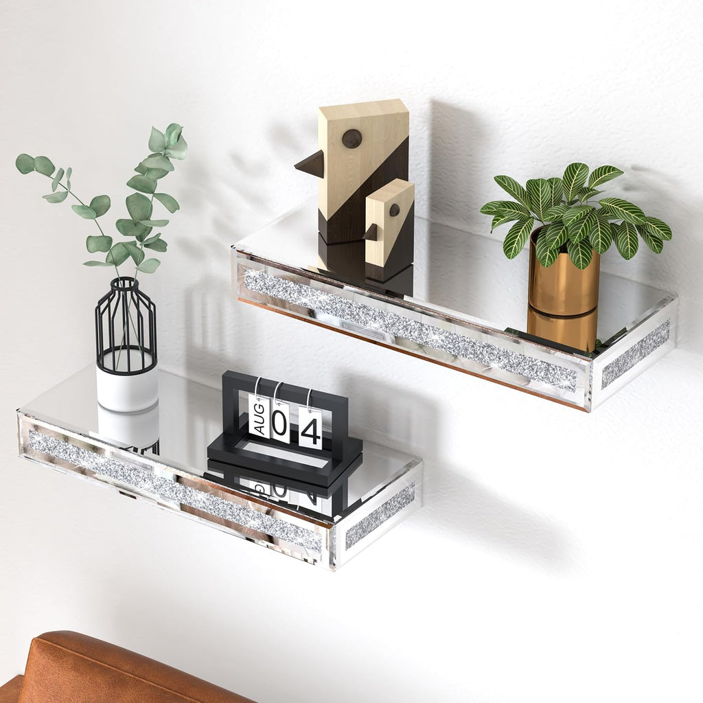SHYFOY Mirrored Floating Shelves Set of 6, Bling Shelves for Wall Decor, Silver Glass Shelf for Bedroom, Bathroom Storage Shelves, Book Shelves for Living Room