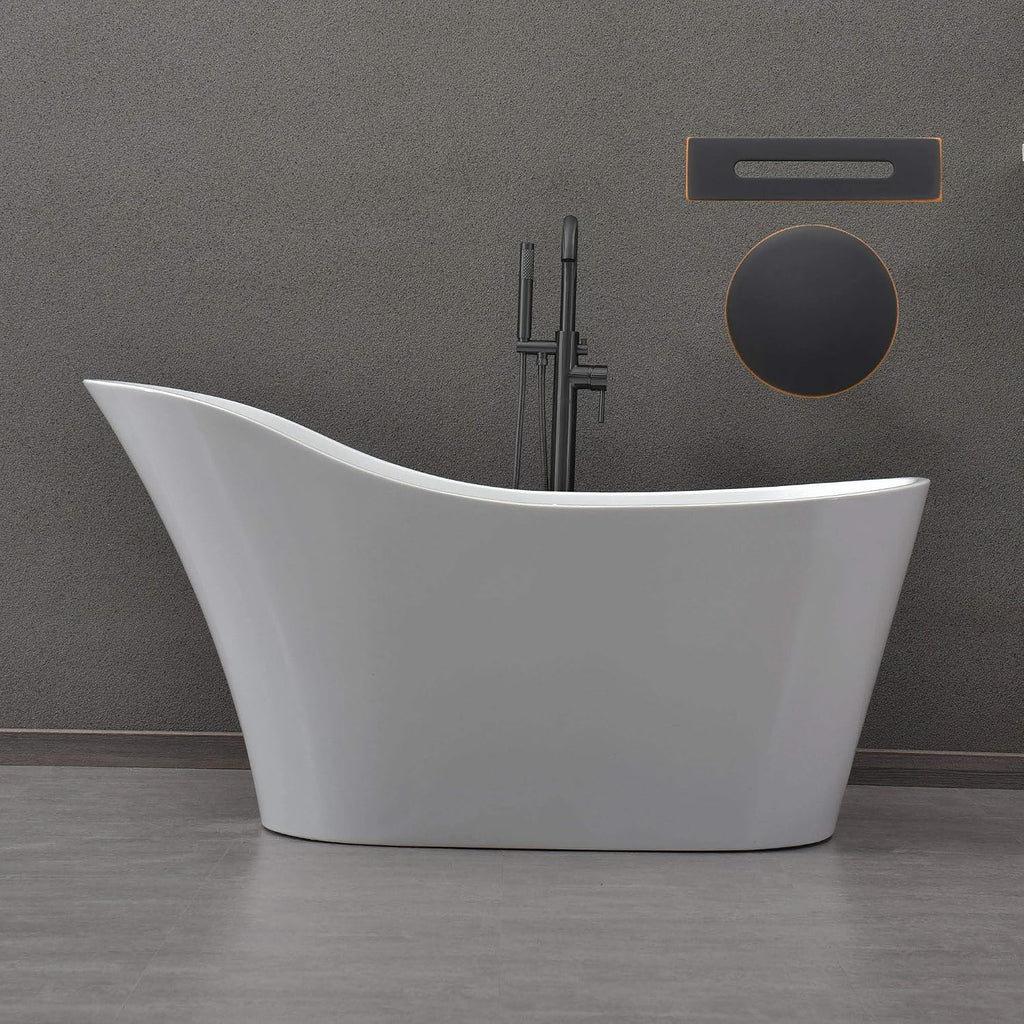 WOODBRIDGE 59' Acrylic Freestanding Bathtub Contemporary Soaking White Tub with Oil Rubbed Bronze Overflow and Drain，B0029-ORB-Drain&O
