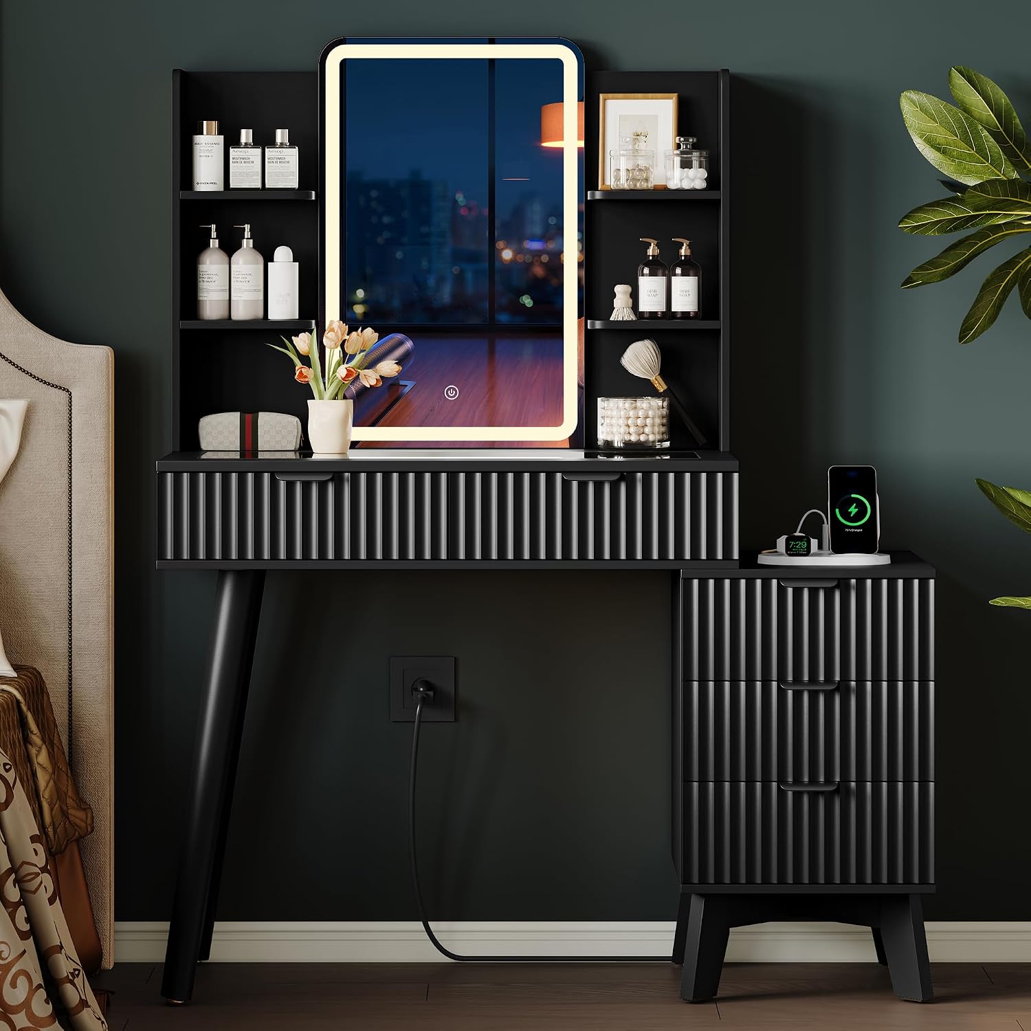 Vanity Desk With HD Lighted Mirror and Lights, Fluted Small Makeup Vanity with Storage Drawers & Shelves, Modern Dressing Table Set with Power Outlet & Glass Table Top for Women Girls Bedroom, Black