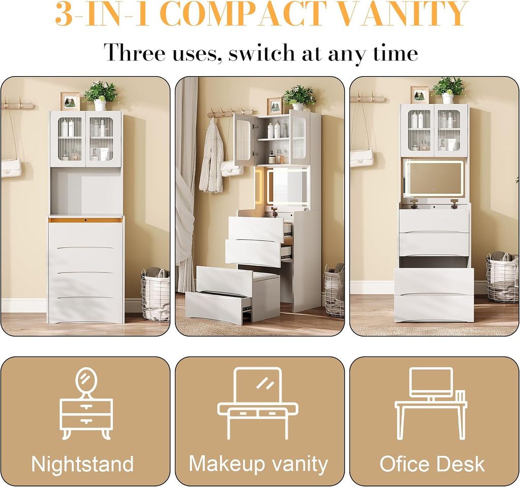 3 in 1 Vanity Desk Makeup Vanity Table with Mirror & Storage Stool, Makeup Dressing Table with Adjustable Lights, Side Sliding Tray and Stool, White