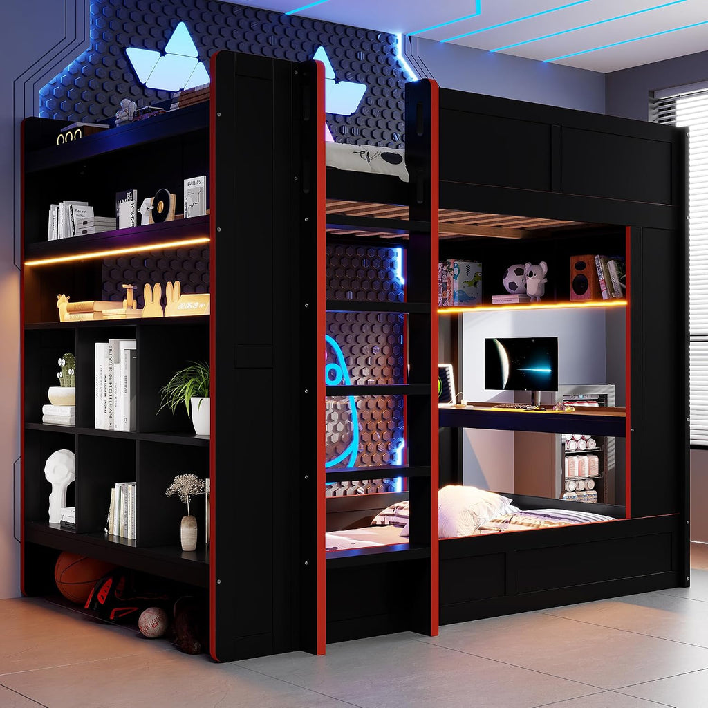 RUNNA Full Size Wood Gaming Bunk Bed with Desk, Storage Shelves, LED and Charging Station, Study & Play Space for Kids & Teens