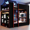 RUNNA Full Size Wood Gaming Bunk Bed with Desk, Storage Shelves, LED and Charging Station, Study & Play Space for Kids & Teens