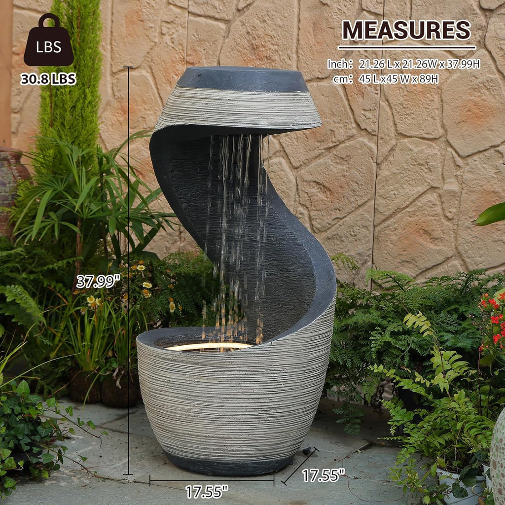 Sunlinua 37' Tall S-Shaped Outdoor Waterfall Fountain – Rainfall Water Fountain for Garden, Patio or Backyard Decor, Floor-Standing Resin Garden Fountains Water Feature with Flat Top for Plant Display
