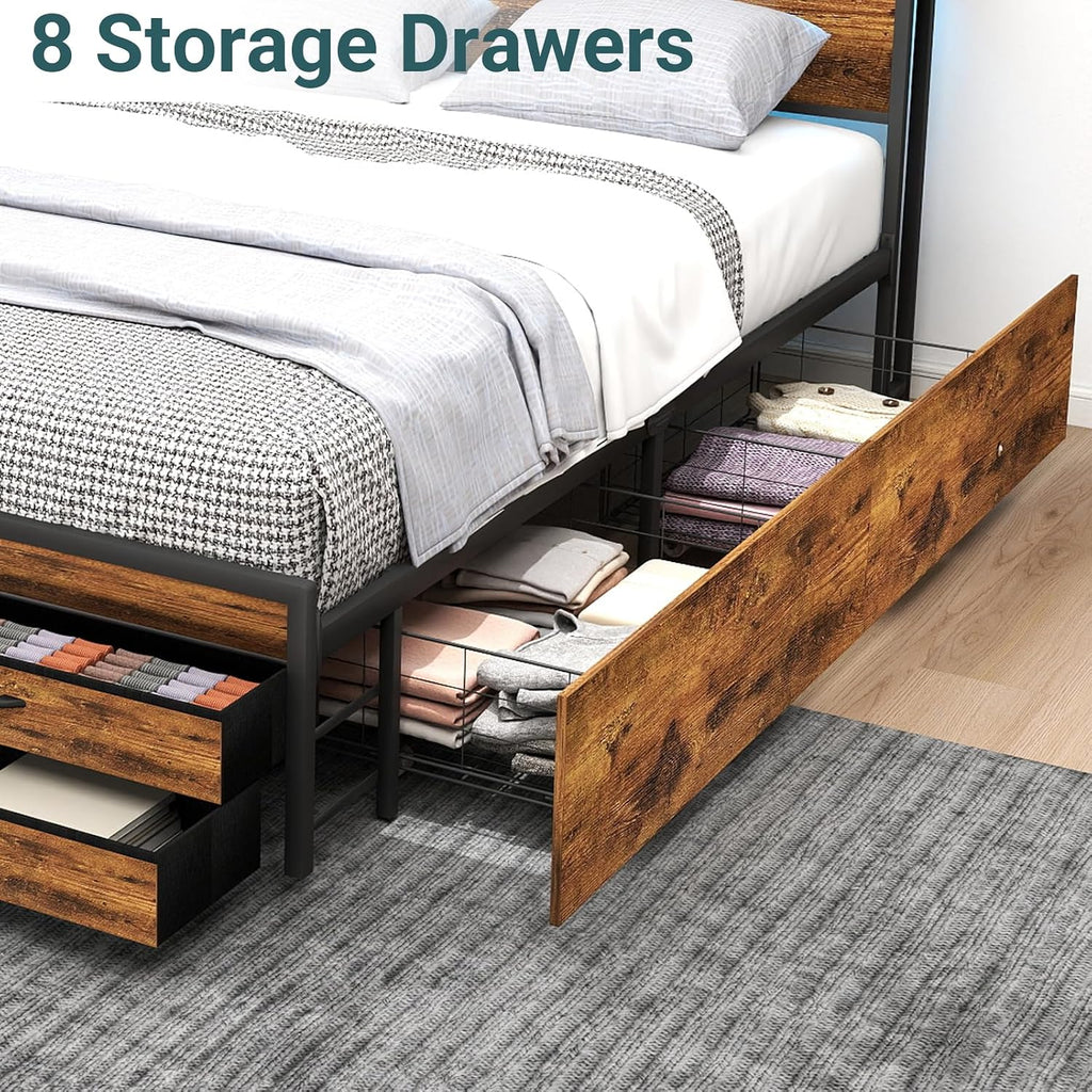 Zevemomo Queen Size Bed Frame with 8 Storage Drawers, Sturdy Queen Platform Bed with Wooden Headboard & Footboard, Noise-Free Design, No Box Spring Required, Brown