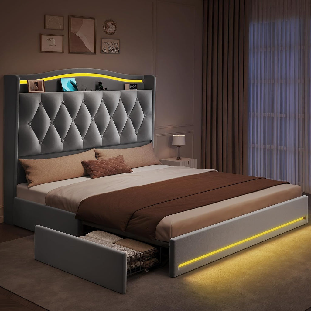 DWVO Queen Size Bed Frame with 4 Storage Drawers and RGB LED Lights, 57'' Tall Headboard Velvet Upholstered Bed with Charging Station, No Box Spring Needed, Easy Assembly, Noise-Free, Grey