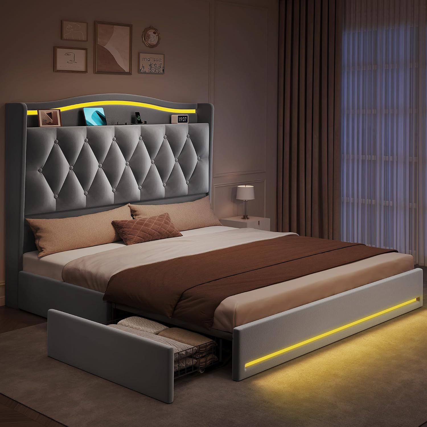 DWVO Queen Size Bed Frame with 4 Storage Drawers and RGB LED Lights, 57'' Tall Headboard Velvet Upholstered Bed with Charging Station, No Box Spring Needed, Easy Assembly, Noise-Free, Grey