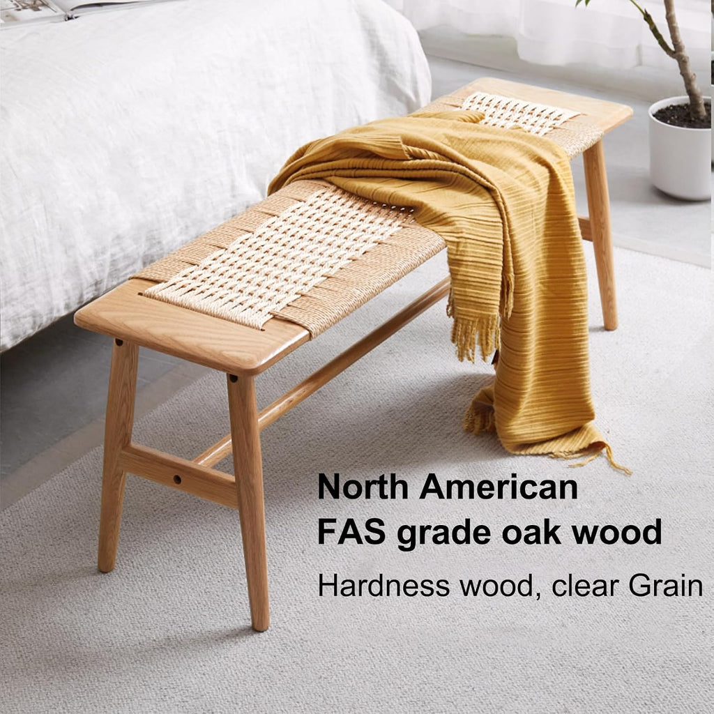 100% Solid Oak Farmhouse Entryway Bench, Wooden Bench Indoor with Hand Woven Rope Surface Design, Wood Bench for End of Bed with Solid Structure(Natural, 43.31' Wx11.81 Dx15.98 H)