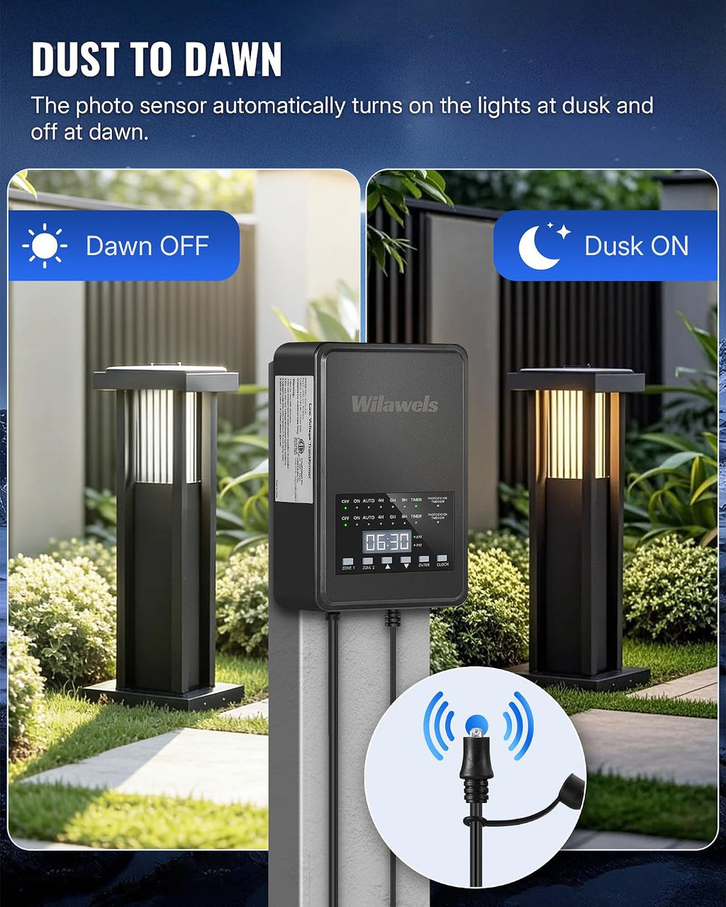 600W Low Voltage Landscape Transformer, 2 Zone Independent Control 120VAC to 12/14V AC Low Voltage Transformer, Landscape Lighting Transformer with Timer & Photocell Sensor ETL Listed D20LT06