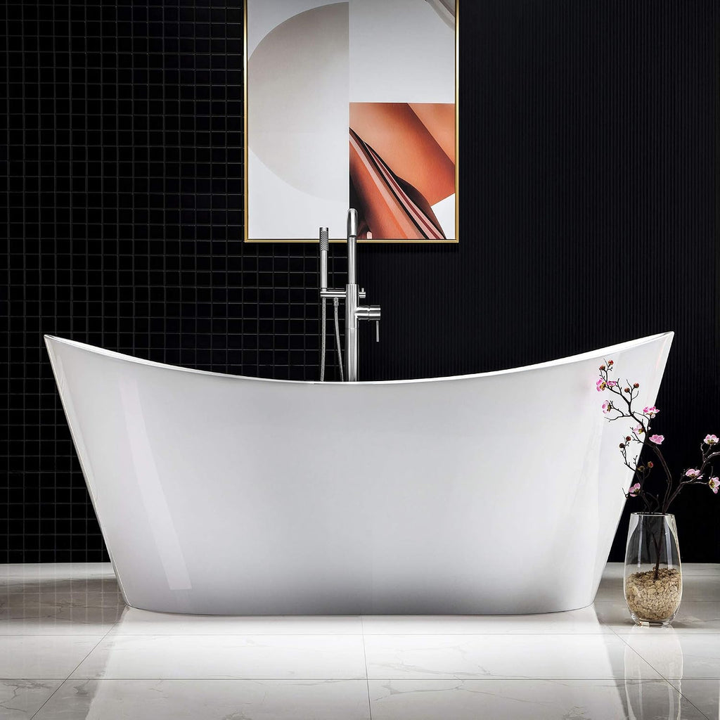 WOODBRIDGE 67' Acrylic Freestanding Bathtub Contemporary Soaking White Tub with Chrome Overflow and Drain,B0010-C