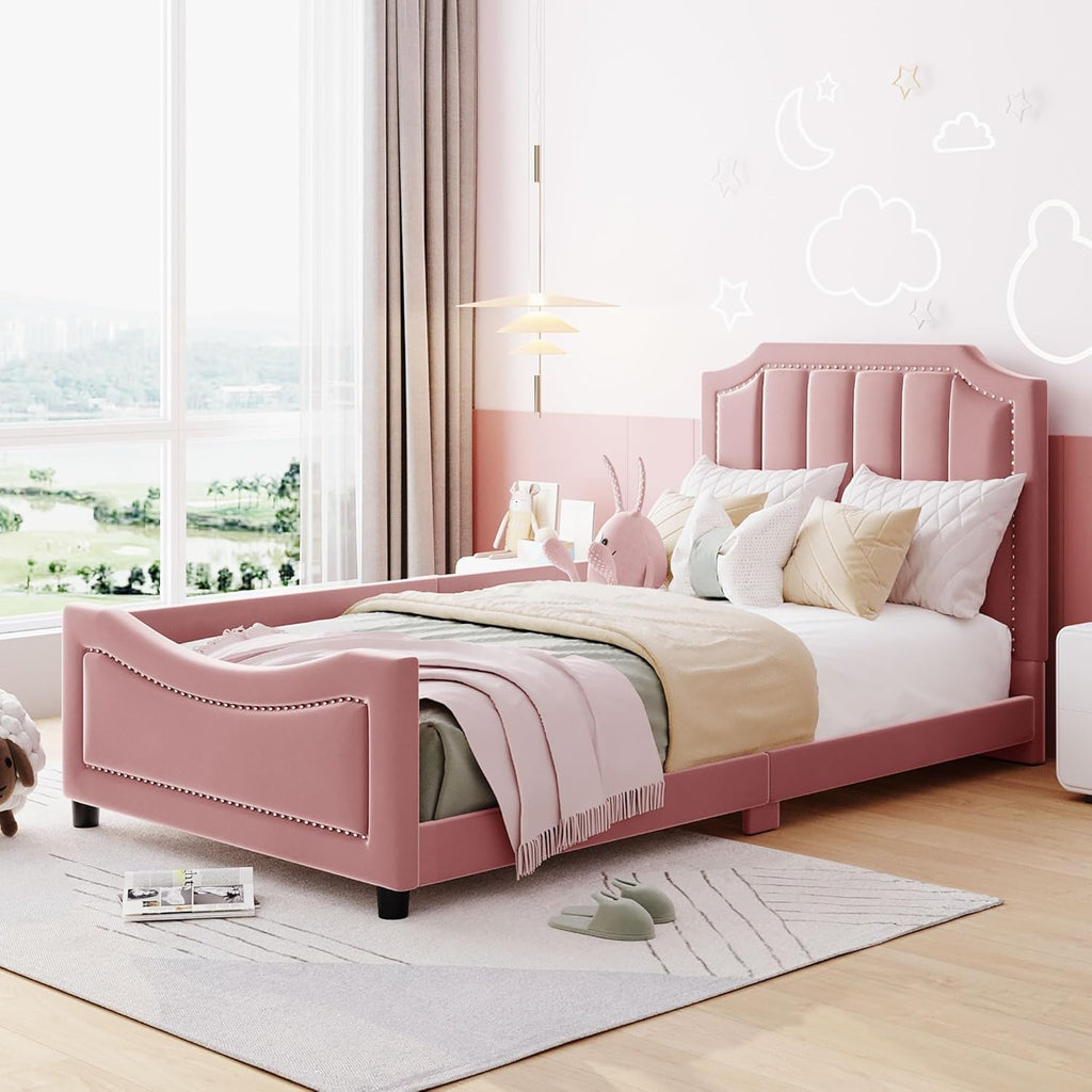 Favfurish Twin Size Upholstered Daybed with Classic Stripe Shaped Headboard,Durable Wooden Platform Bed Frame,No Box Spring Needed,for Kids Teens Adults,Bedroom Guestroom Dorm,Pink