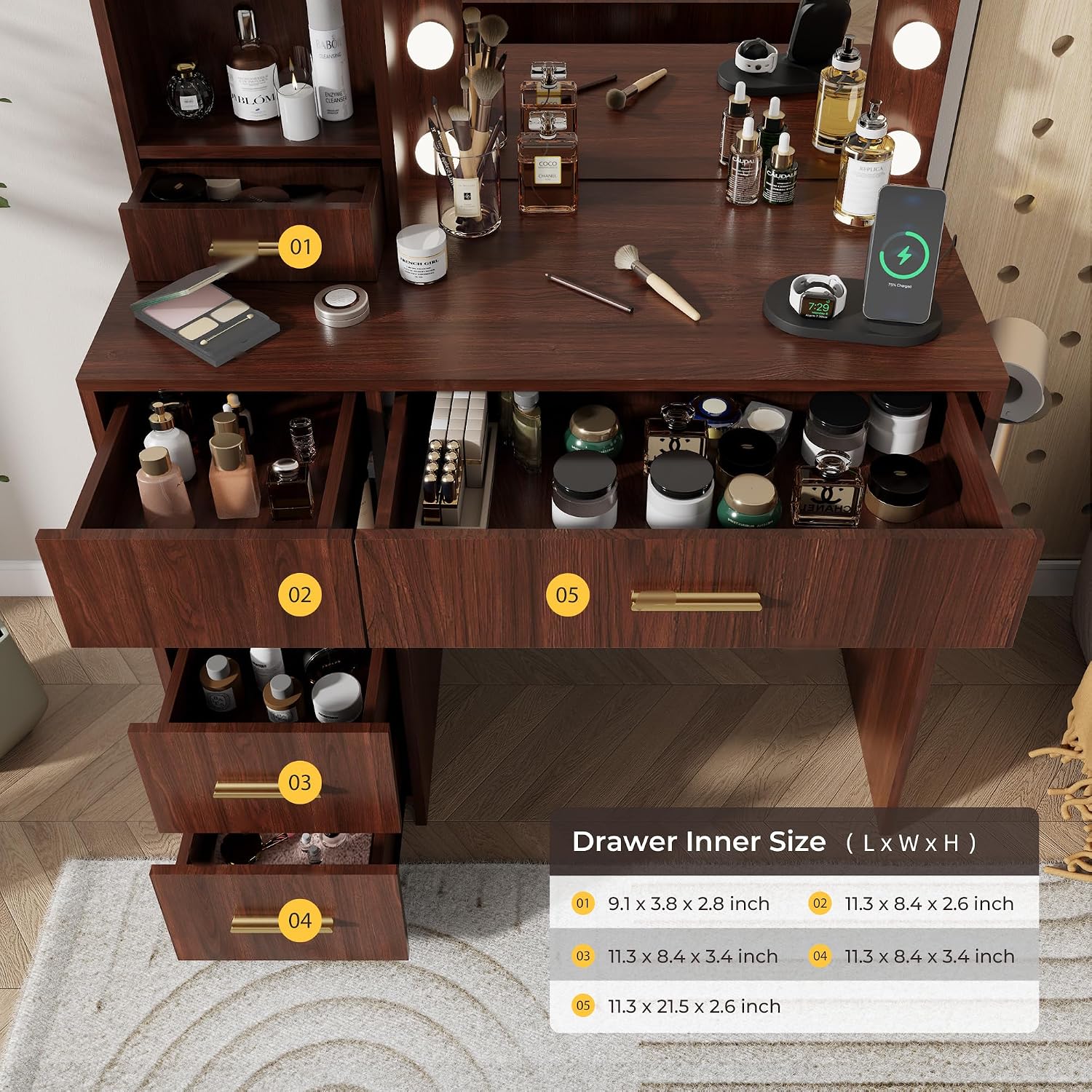 Otterease Vanity Desk with LED Lighted Mirror&Power Outlet, 3 Lighting Colors Makeup Vanity Desk with 5 Large Drawers and 3 Storage Shelves, Walnut Vanity with Storage Stool for Bedroom