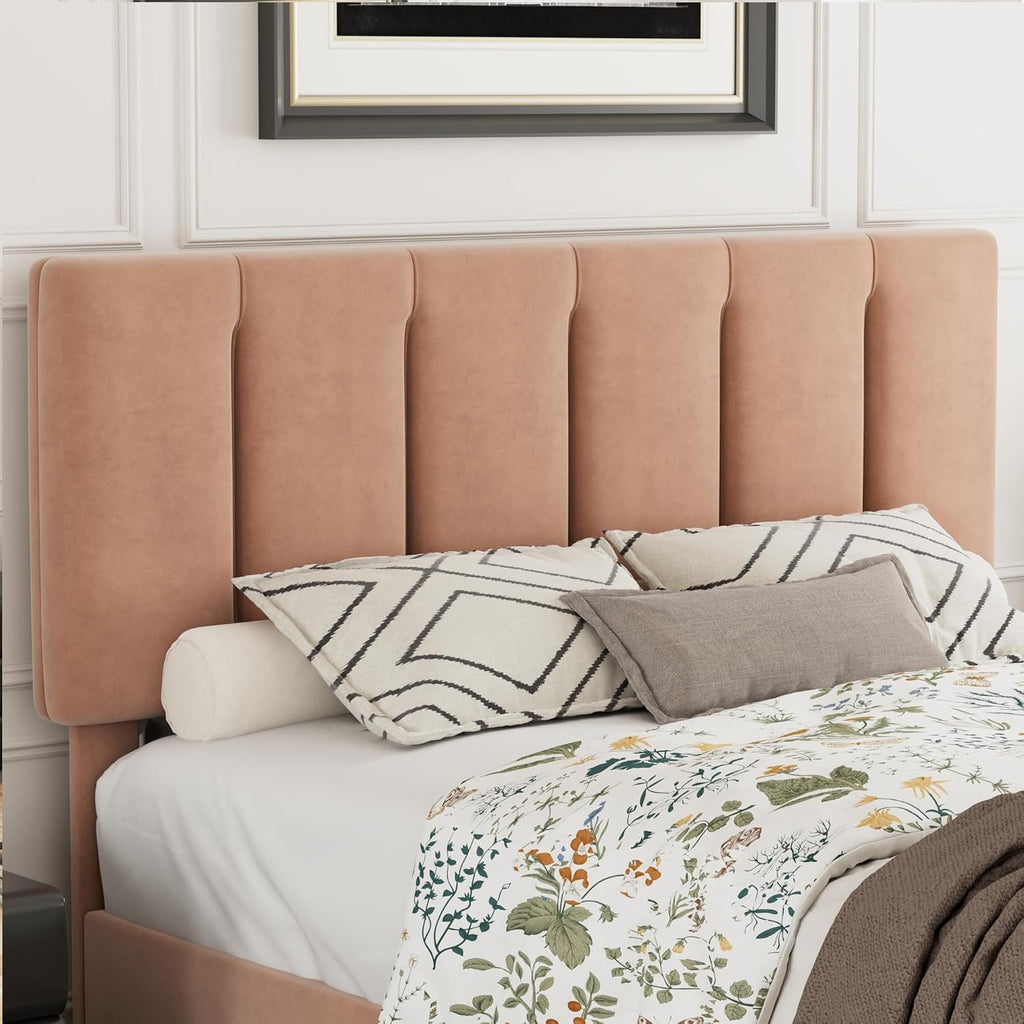 VECELO Queen Size Bed Frame with Upholstered Headboard, Heavy-Duty Bedframe with Wooden Slats & Steel Framework, Easy Assembly, Coffee