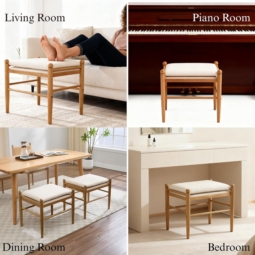 Ottoman Footrest, 19 Inch Upholstered Vanity Bench Seat, Backless Makeup Stool with Solid Wood Legs for Dining Room/Bedroom/Living Room/Entryway,Brown Frame/Beige Linen