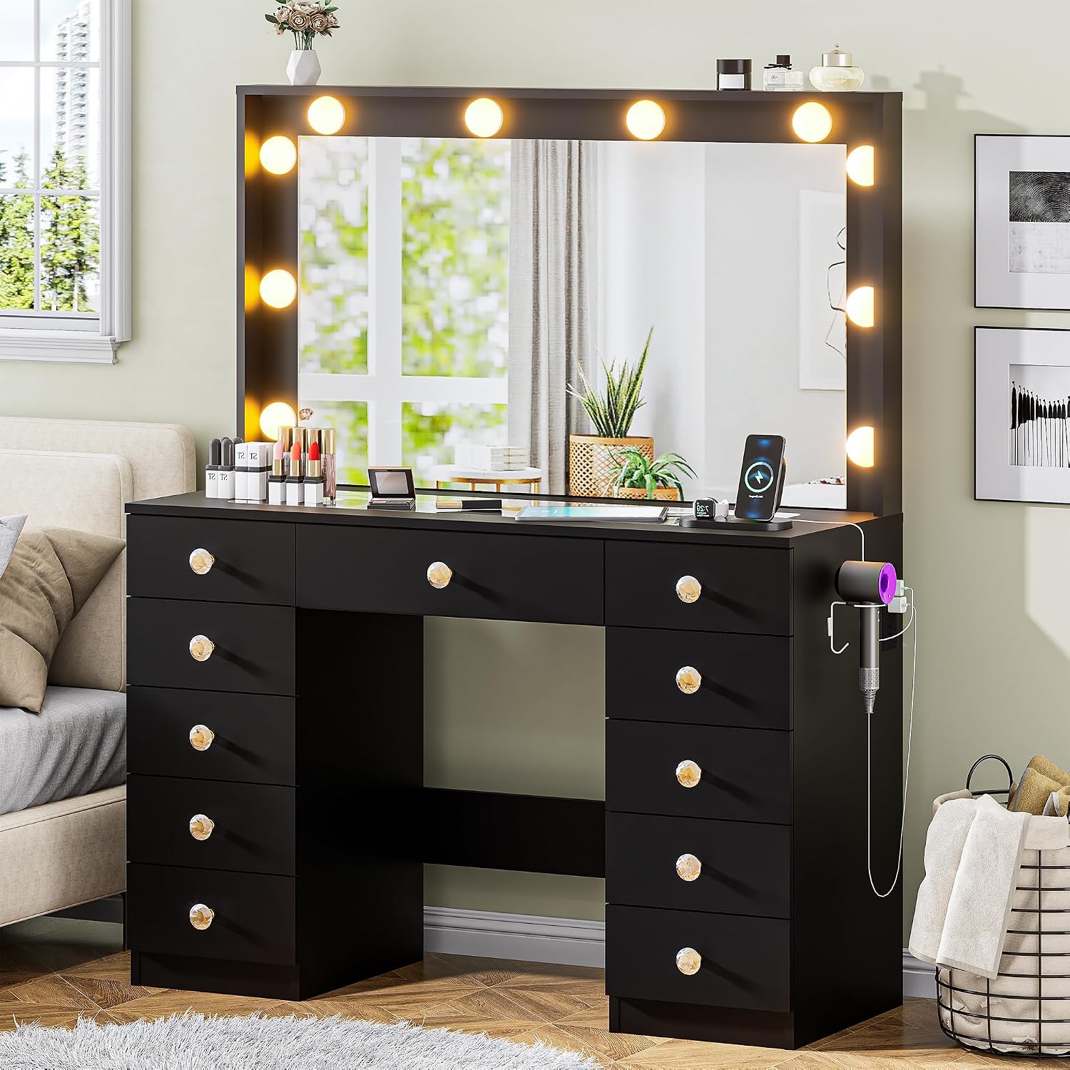 DINGIPP 42.1' Vanity with Large Mirror and 10 LED Lights, Vanity Desk with Glasstop, 11 Drawers with Crystal Handles, Dressing Table with Power Outlet as Gift for Women, Girls (Black)