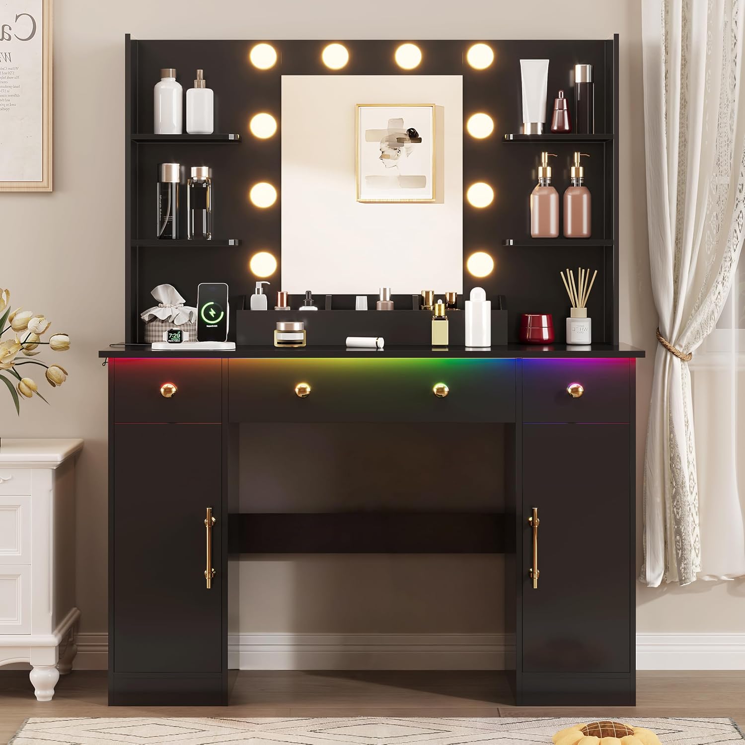 HUANLEGO Vanity Desk with Mirror and Lights, Makeup Vanity with Mirror and LED Lights & Power Outlet, 3 Drawers and Cabinets, 3 Lighting Modes Dressing Table Set for Girls Women Bedroom,Black