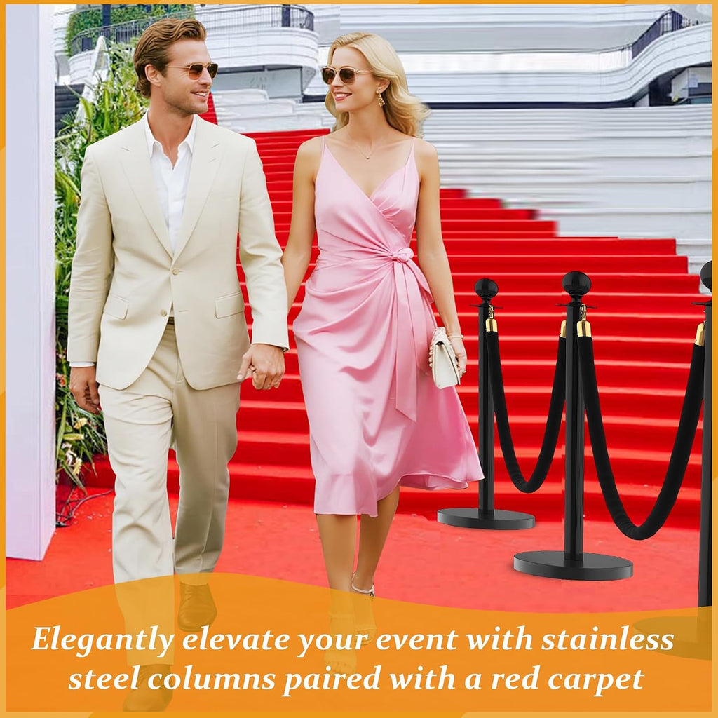 8Pcs Stanchions and Velvet Ropes with 15ft Red Carpet,Complete Crowd Control Barriers Set with 6 Red Velvet Ropes & Stainless Steel Posts for Party, Wedding, Event Supplies,Black