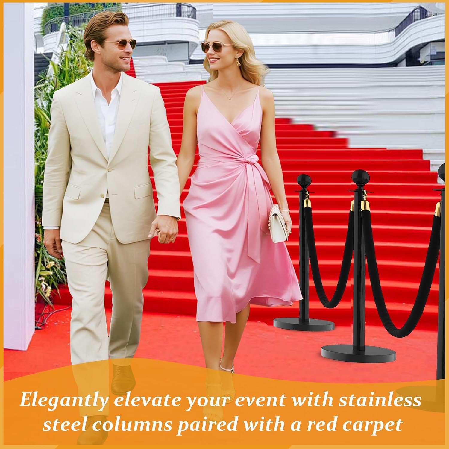 8Pcs Stanchions and Velvet Ropes with 15ft Red Carpet,Complete Crowd Control Barriers Set with 6 Red Velvet Ropes & Stainless Steel Posts for Party, Wedding, Event Supplies,Black