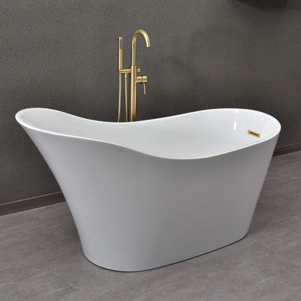 WOODBRIDGE 59' Acrylic Freestanding Bathtub Contemporary Soaking White Tub with Matte Black Overflow and Drain，B0029-MB-Drain&O