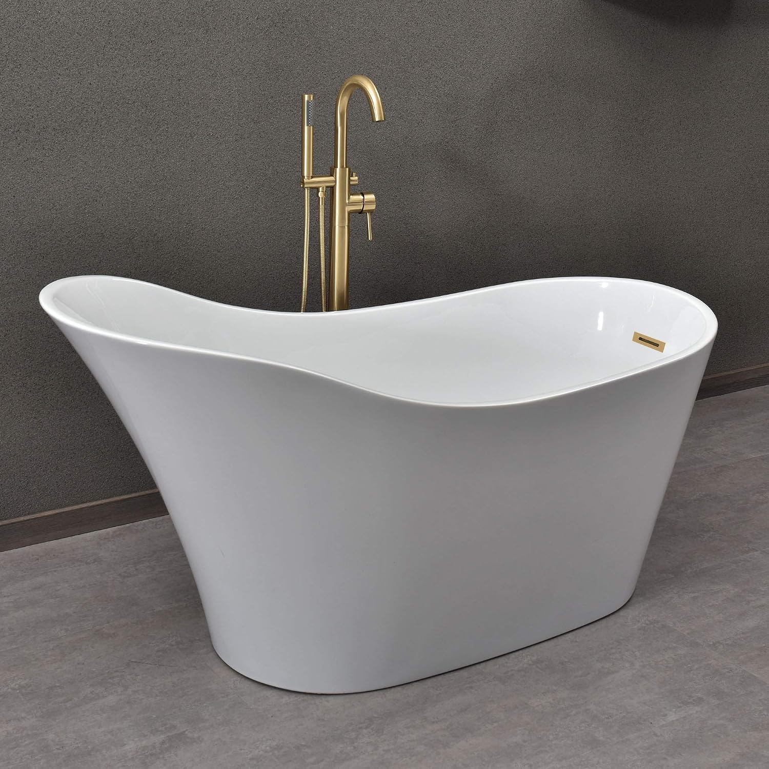 WOODBRIDGE 59' Acrylic Freestanding Bathtub Contemporary Soaking White Tub with Matte Black Overflow and Drain，B0029-MB-Drain&O