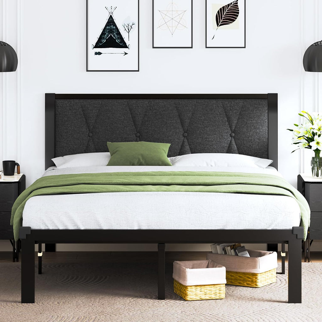 Feonase Full Size Metal Bed Frame with Fabric Button Tufted Headboard, Platform Bed Frame with Heavy Duty Metal Slats, 12' Storage Space, Noise Free, No Box Spring Needed, Dark Grey