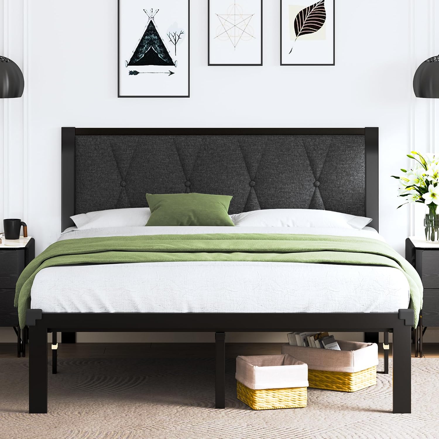 Feonase Full Size Metal Bed Frame with Fabric Button Tufted Headboard, Platform Bed Frame with Heavy Duty Metal Slats, 12' Storage Space, Noise Free, No Box Spring Needed, Dark Grey