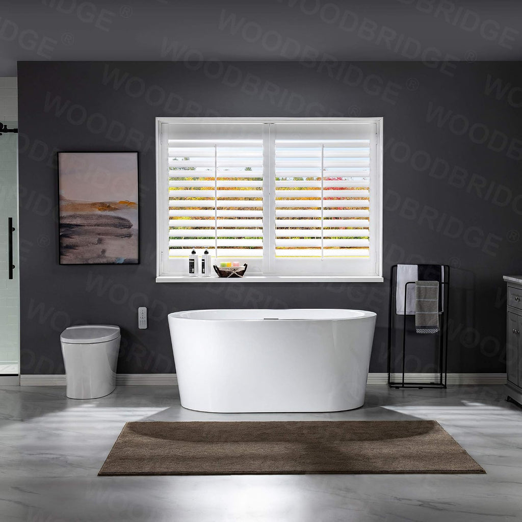 WOODBRIDGE 56' Acrylic Freestanding Bathtub Contemporary Soaking White Tub with Matte Black Overflow and Drain，B0088-MB-Drain&O