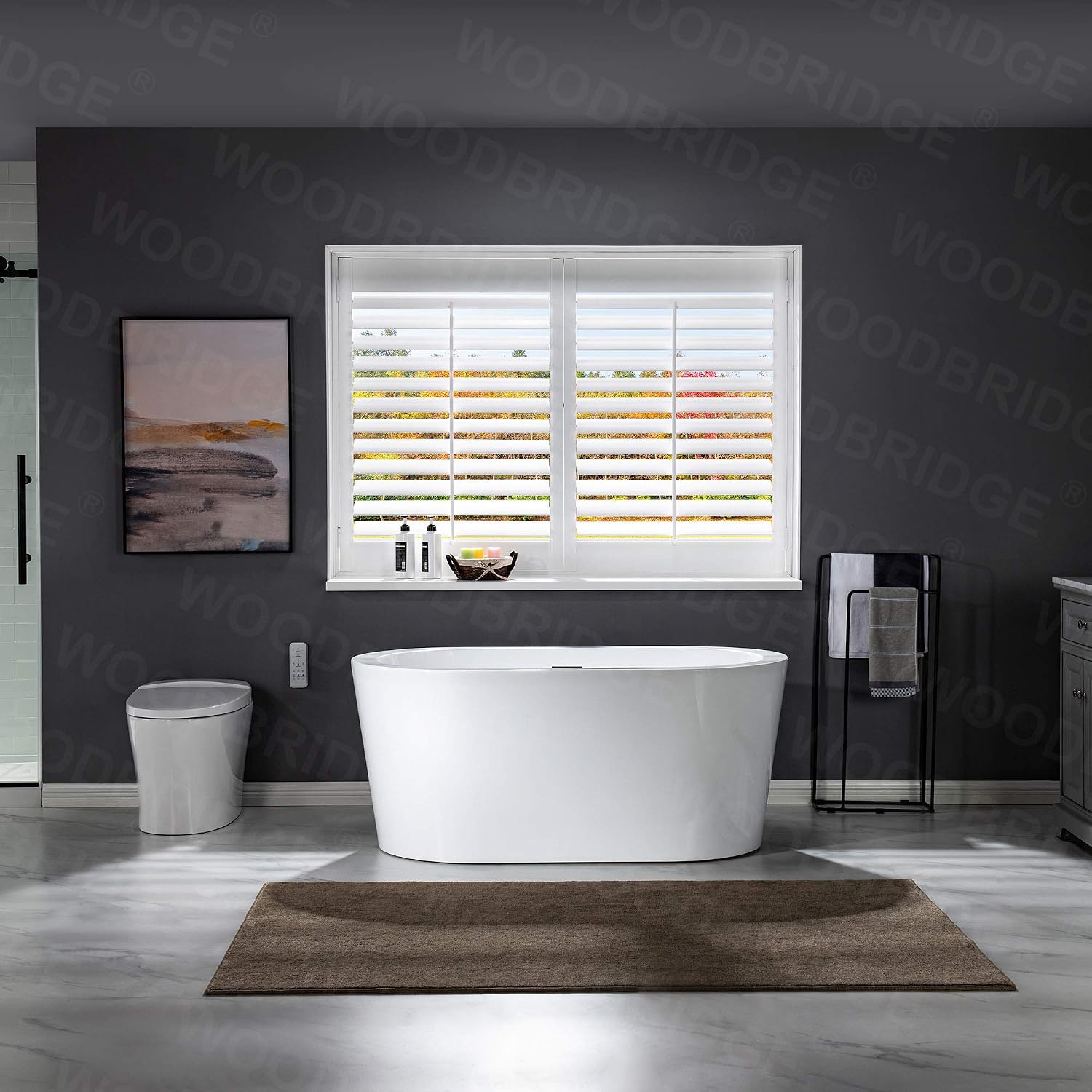 WOODBRIDGE 56' Acrylic Freestanding Bathtub Contemporary Soaking White Tub with Matte Black Overflow and Drain，B0088-MB-Drain&O