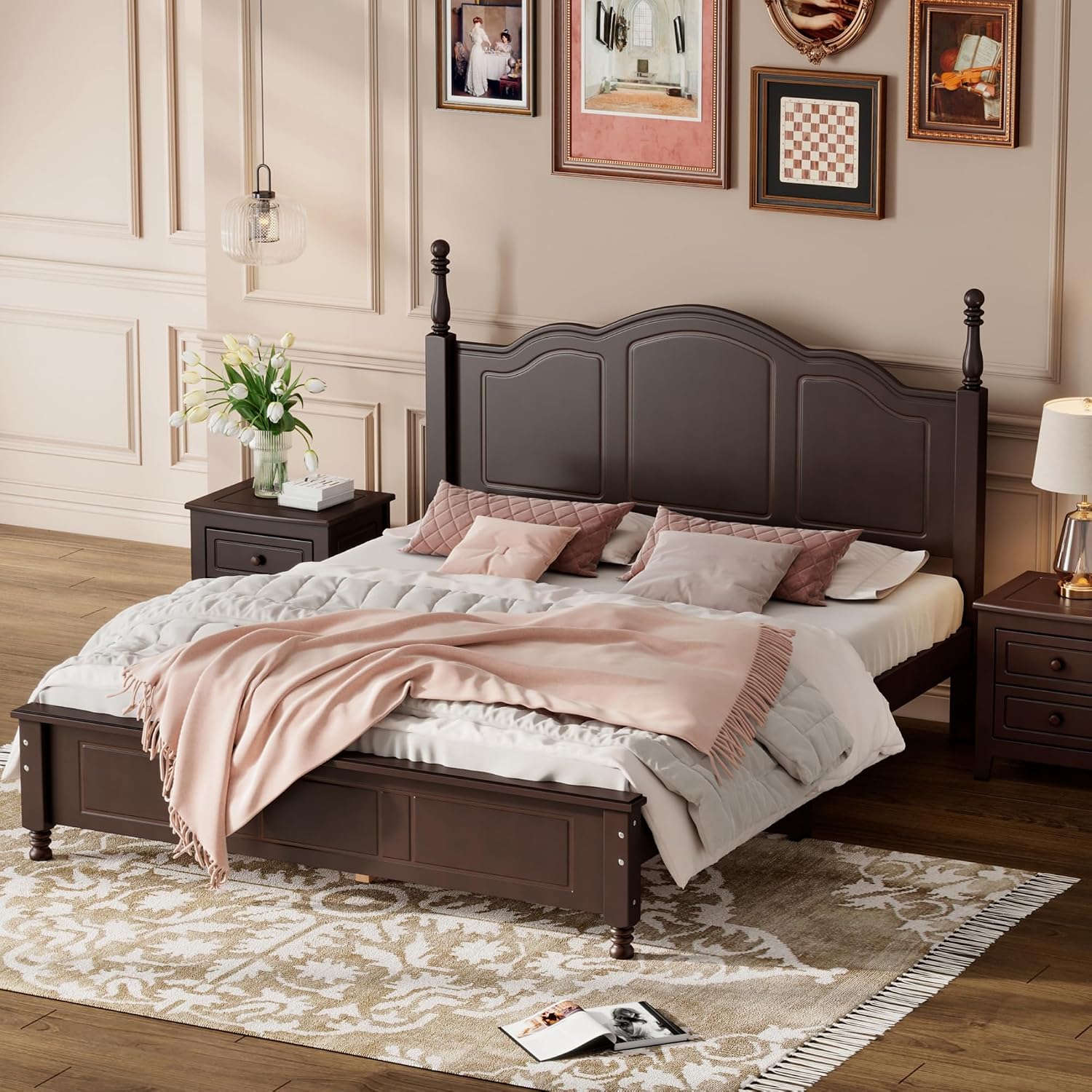 Harper & Bright Designs Queen Size Platform Bed Frame with Headboard, Mid Century Modern Bed Frame with Underbed Storage for Kids, Teens, Adults, Classic Vintage Design, Dark Walnut
