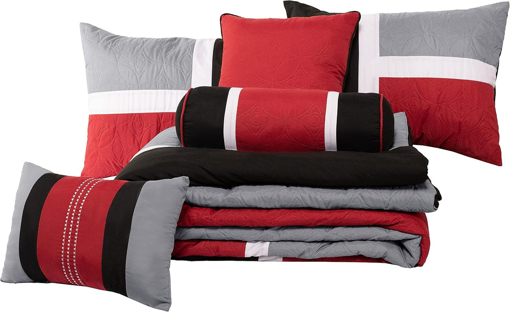 Chezmoi Collection Upland 7-Piece Quilted Patchwork Comforter Set, Red/Gray/Black, Oversized King
