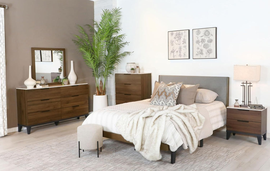 Coaster Home Furnishings Mays Contemporary 5-Piece Bedroom Set Fabric Upholstered Eastern King Size Panel Bed Frame 43-inch Headboard Walnut 215961KE-S5