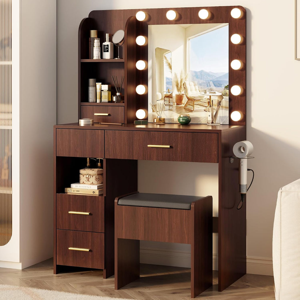 Otterease Vanity Desk with LED Lighted Mirror&Power Outlet, 3 Lighting Colors Makeup Vanity Desk with 5 Large Drawers and 3 Storage Shelves, Walnut Vanity with Storage Stool for Bedroom