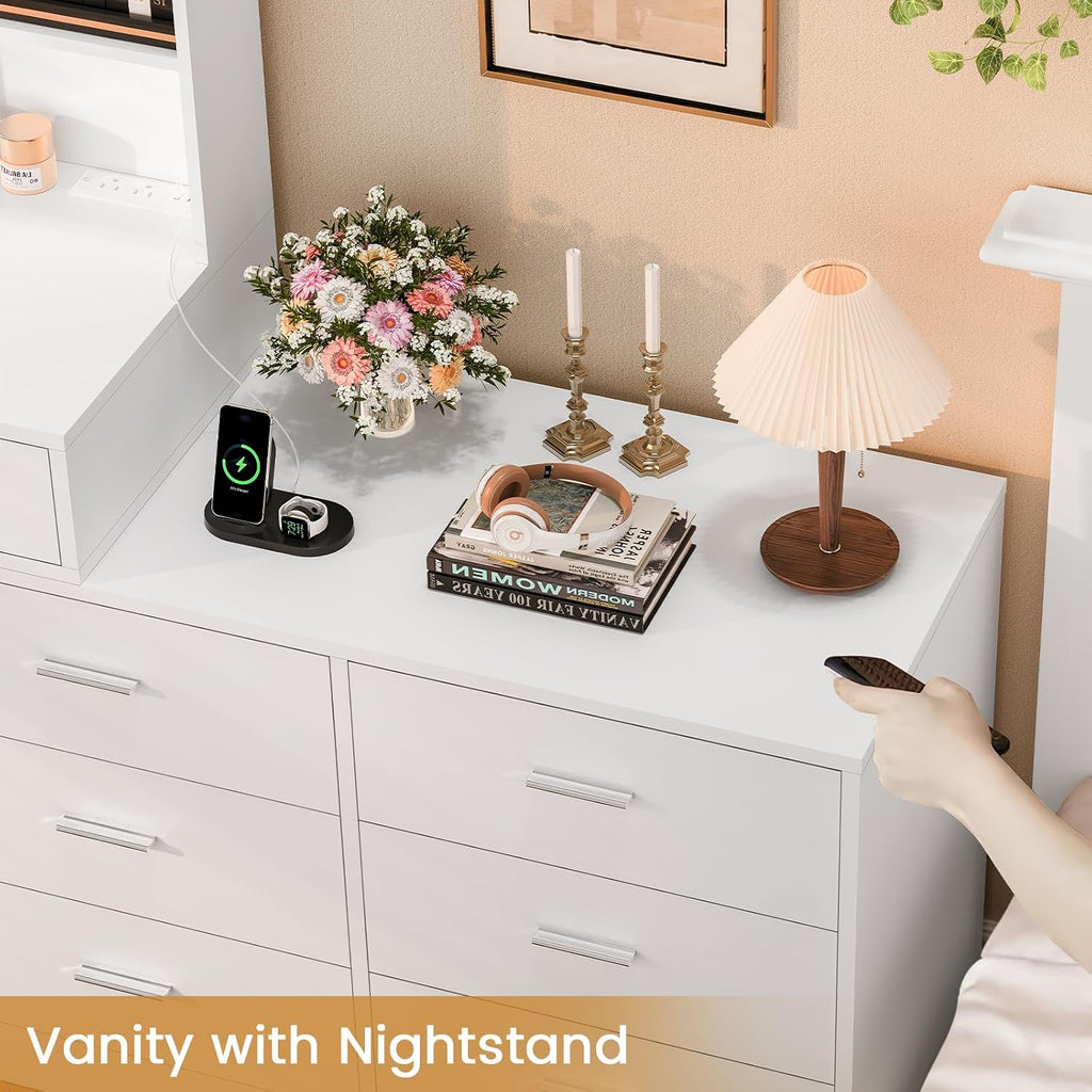 Quimoo Vanity Desk with LED Lighted Mirror & Power Outlet, Modern Corner Makeup Vanity Table with 8 Drawers & Open Shelves, Dressing Table for Bedroom, Makeup Room, White