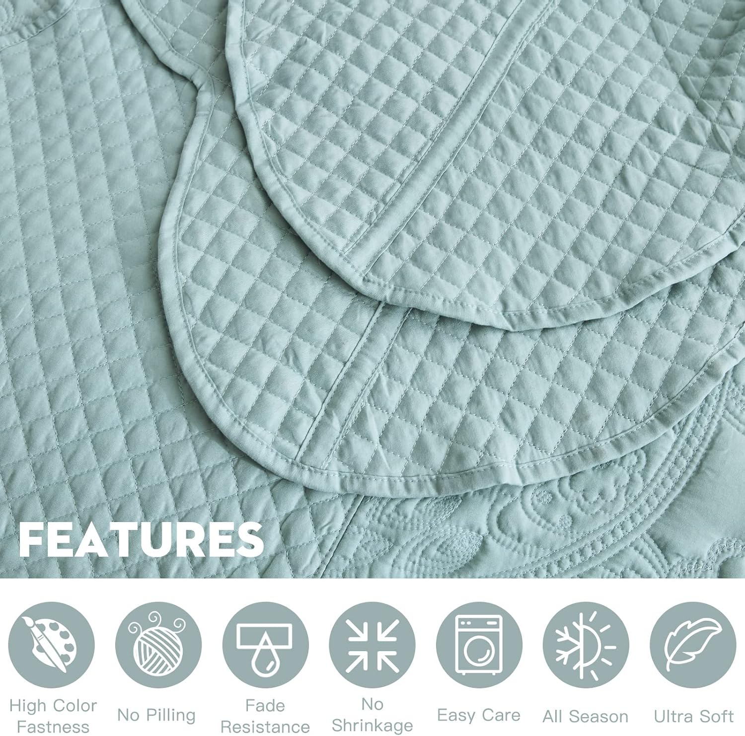 Oversized King Bedspread, Paisley Pattern Design, Lightweight Bedding Cover, Reversible, 5 Piece, 100% Microfiber, Seaglass