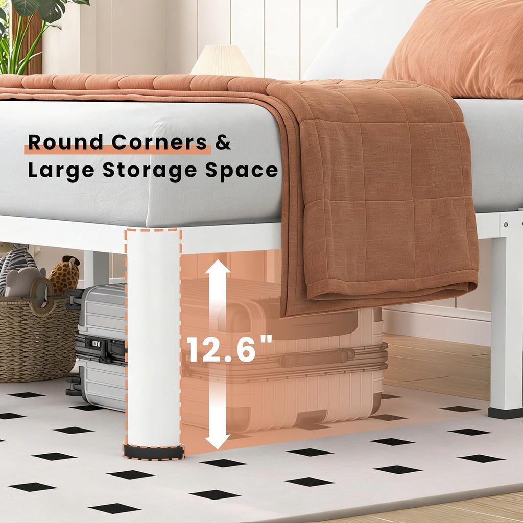VIPSHOW 14 Inch White Queen Heavy Duty 3500 lbs Bed Frame with Round-Corner Legs & Anti-Squeak Design – Quick Assembly Metal Platform, No Box Spring Needed