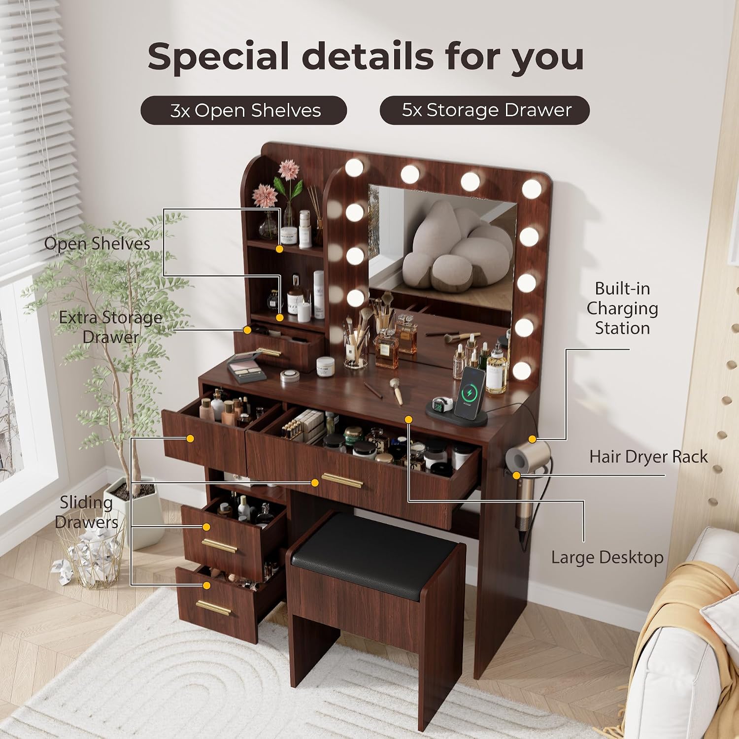 Otterease Vanity Desk with LED Lighted Mirror&Power Outlet, 3 Lighting Colors Makeup Vanity Desk with 5 Large Drawers and 3 Storage Shelves, Walnut Vanity with Storage Stool for Bedroom