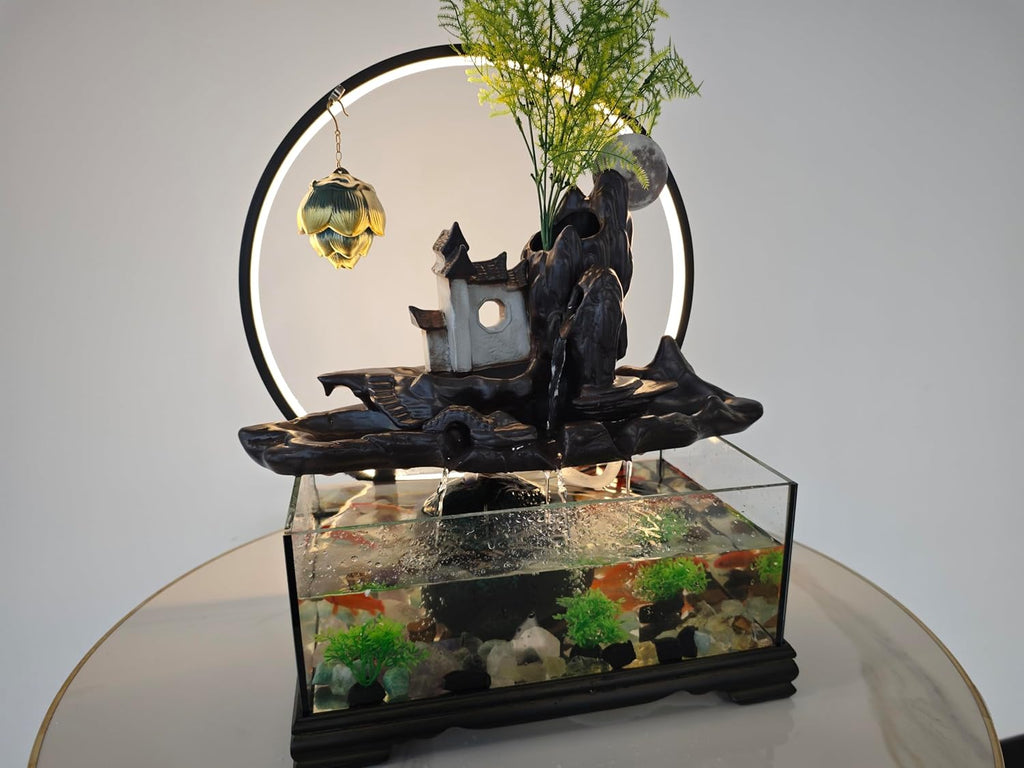 Desktop Ceramic Water Fountain Fish Tank - Adjustable Water Flow with LED Lights | Indoor Decoration Fortune Gifts+15 PCS Free Crystals (Style 2)